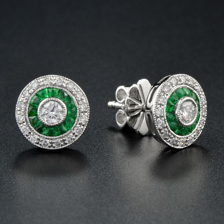 Round Diamond &amp; Green Emerald Invisible Set Double Halo Stud White Gold Earrings