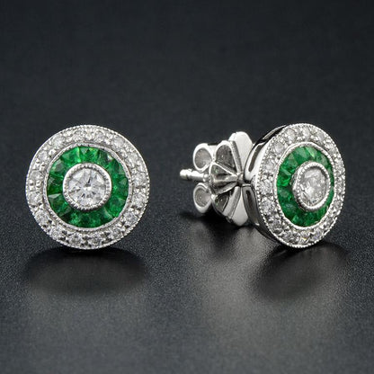 Round Diamond &amp; Green Emerald Invisible Set Double Halo Stud White Gold Earrings