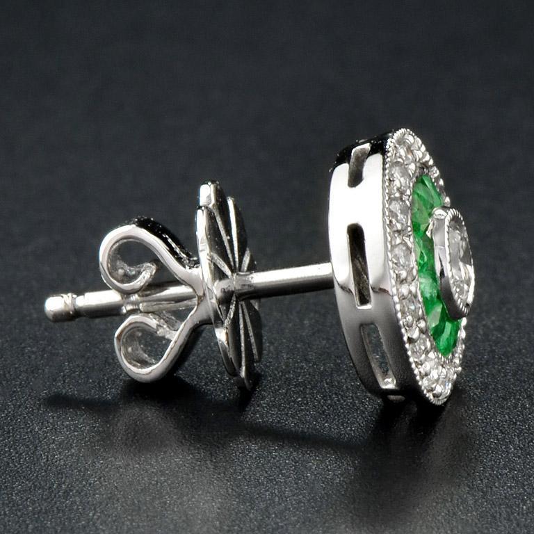Round Diamond &amp; Green Emerald Invisible Set Double Halo Stud White Gold Earrings