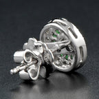 Round Diamond & Green Emerald Invisible Set Double Halo Stud White Gold Earrings