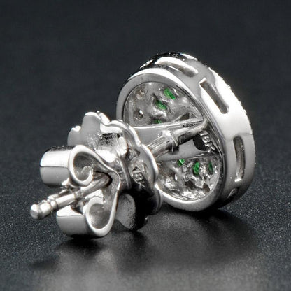 Round Diamond &amp; Green Emerald Invisible Set Double Halo Stud White Gold Earrings