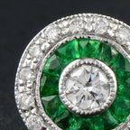 Round Diamond & Green Emerald Invisible Set Double Halo Stud White Gold Earrings