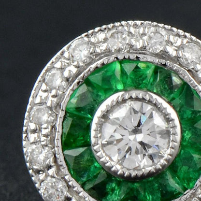 Round Diamond &amp; Green Emerald Invisible Set Double Halo Stud White Gold Earrings