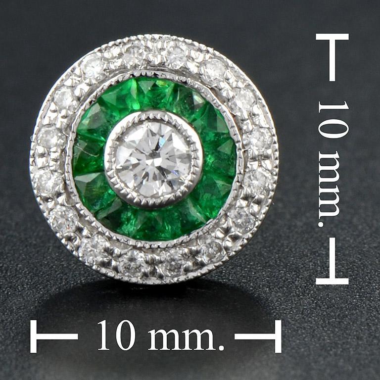 Round Diamond &amp; Green Emerald Invisible Set Double Halo Stud White Gold Earrings