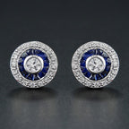 3mm Round Diamond & Blue Sapphire Double Halo Set Stud 14K White Gold Earrings