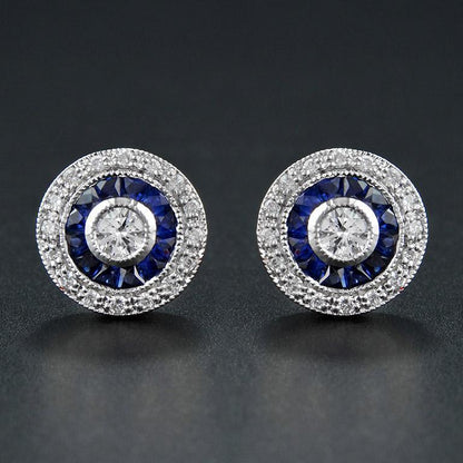3mm Round Diamond & Blue Sapphire Double Halo Set Stud 14K White Gold Earrings