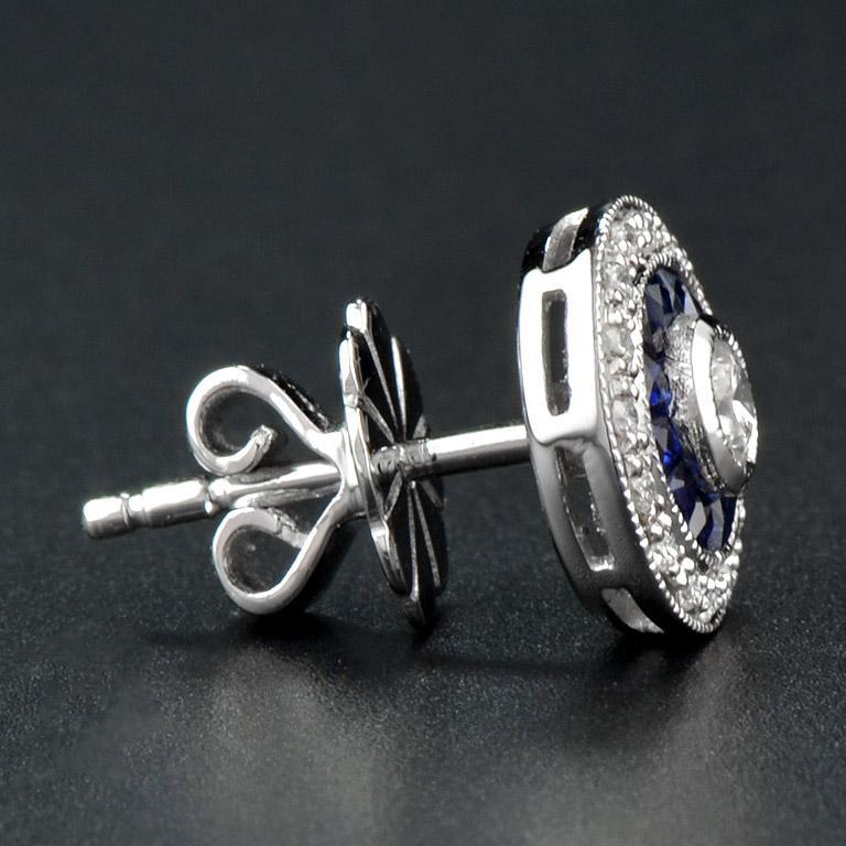 3mm Round Diamond & Blue Sapphire Double Halo Set Stud 14K White Gold Earrings
