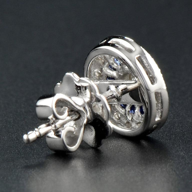 3mm Round Diamond & Blue Sapphire Double Halo Set Stud 14K White Gold Earrings
