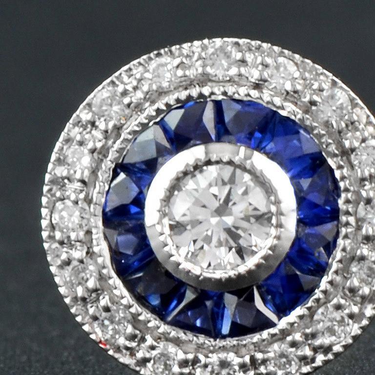 3mm Round Diamond & Blue Sapphire Double Halo Set Stud 14K White Gold Earrings