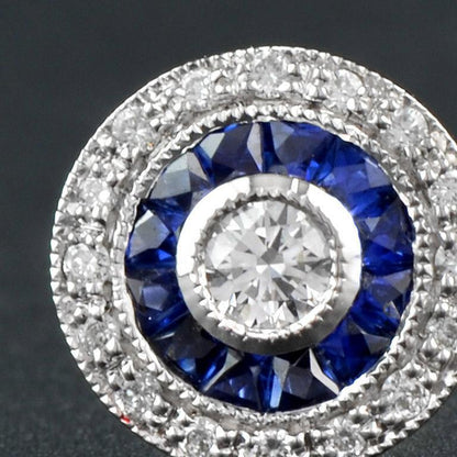 3mm Round Diamond & Blue Sapphire Double Halo Set Stud 14K White Gold Earrings
