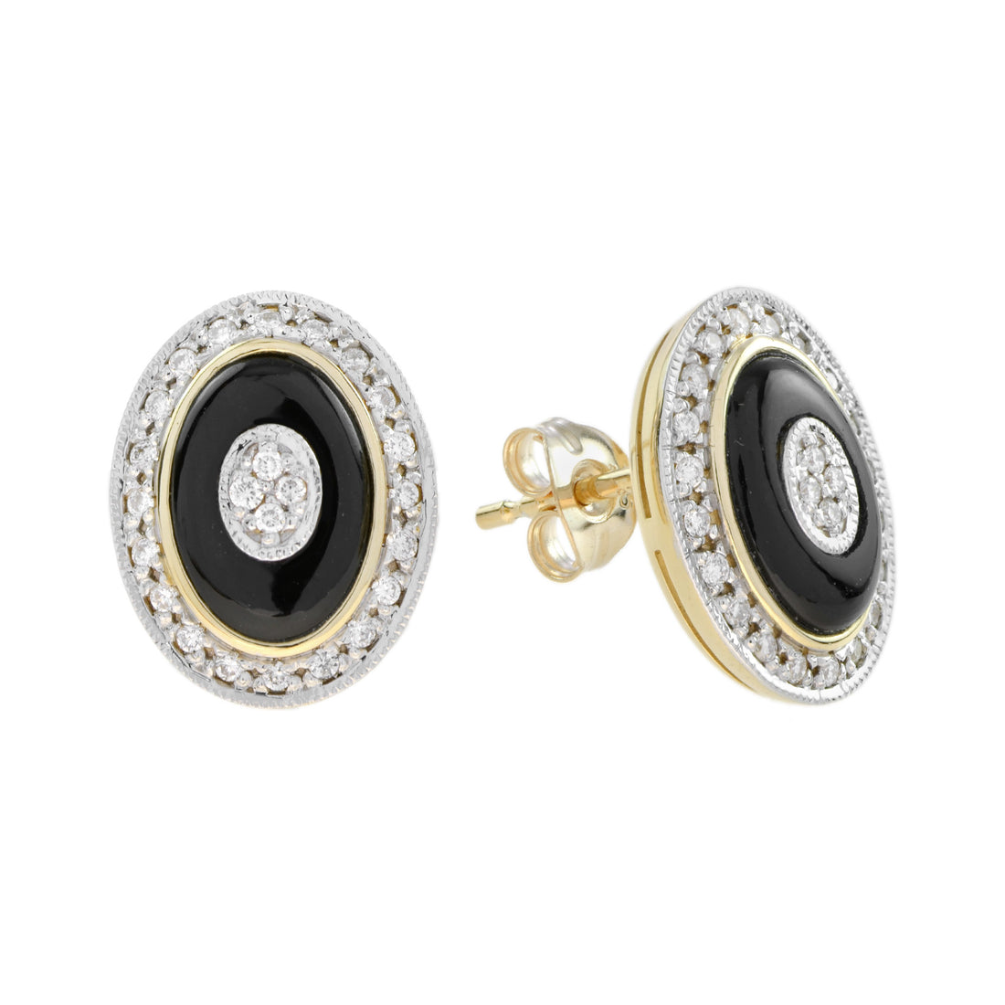 Diamond Black Onyx Art Deco Style Oval Shape Halo Diamonds Stud Earrings