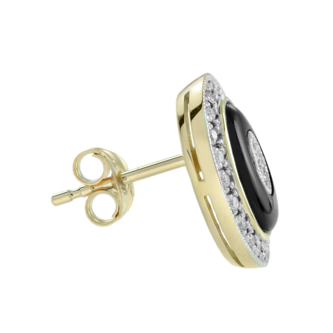 Diamond Black Onyx Art Deco Style Oval Shape Halo Diamonds Stud Earrings