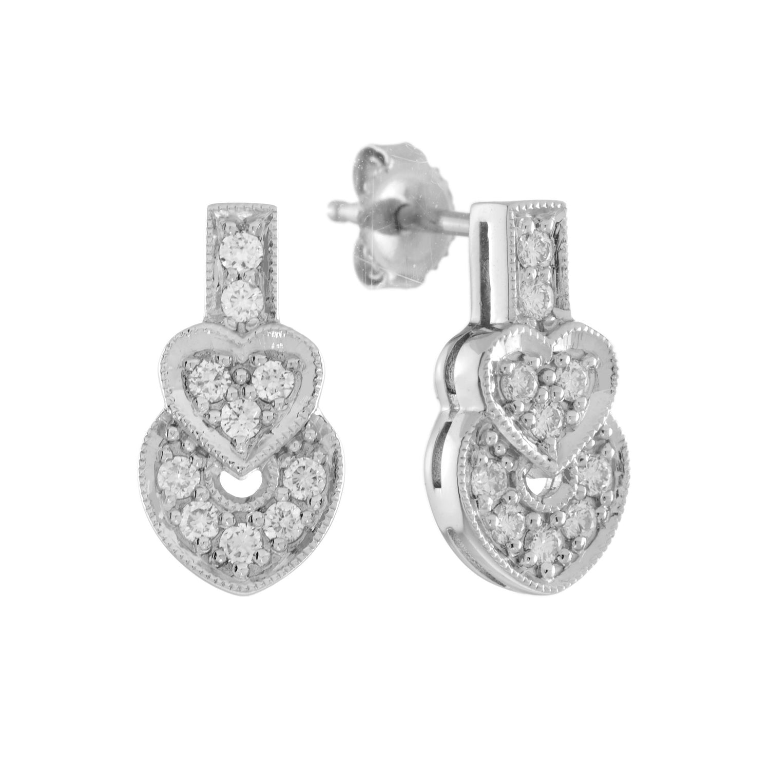 Round Diamond Pave Set Heart Shape Stud 14K White Gold Art Deco Style Earrings