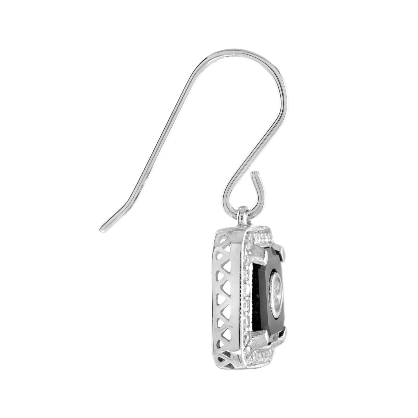 art deco style diamond & black onyx halo set drop 14k white gold earrings