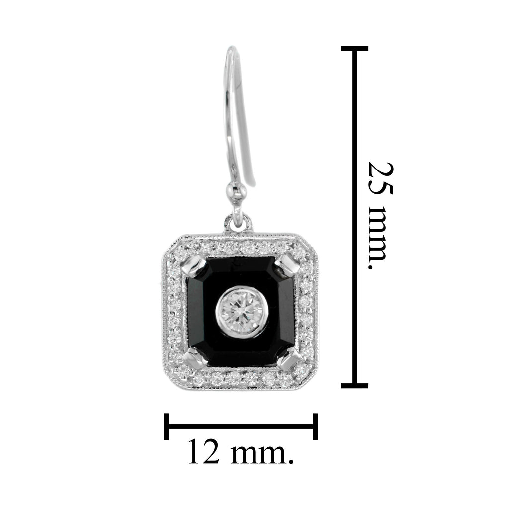 Art Deco Style Diamond & Black Onyx Halo Set Drop 14K White Gold Earrings