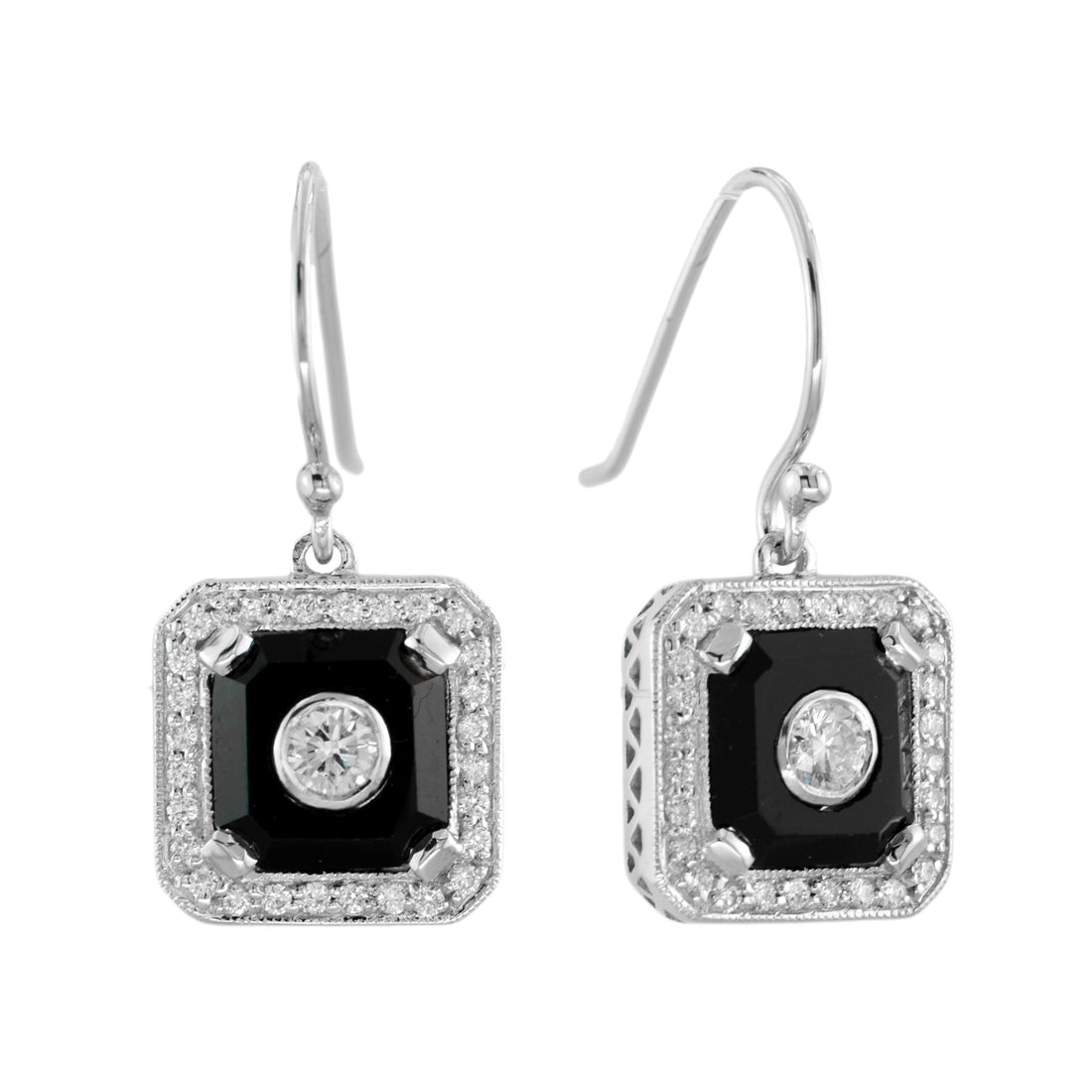 Art Deco Style Diamond & Black Onyx Halo Set Drop 14K White Gold Earrings