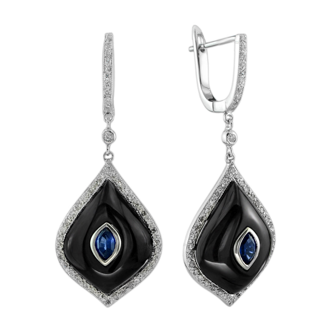 Blue Sapphire Black Onyx Diamond Marquise Shape 14K White Gold Dangle Earrings
