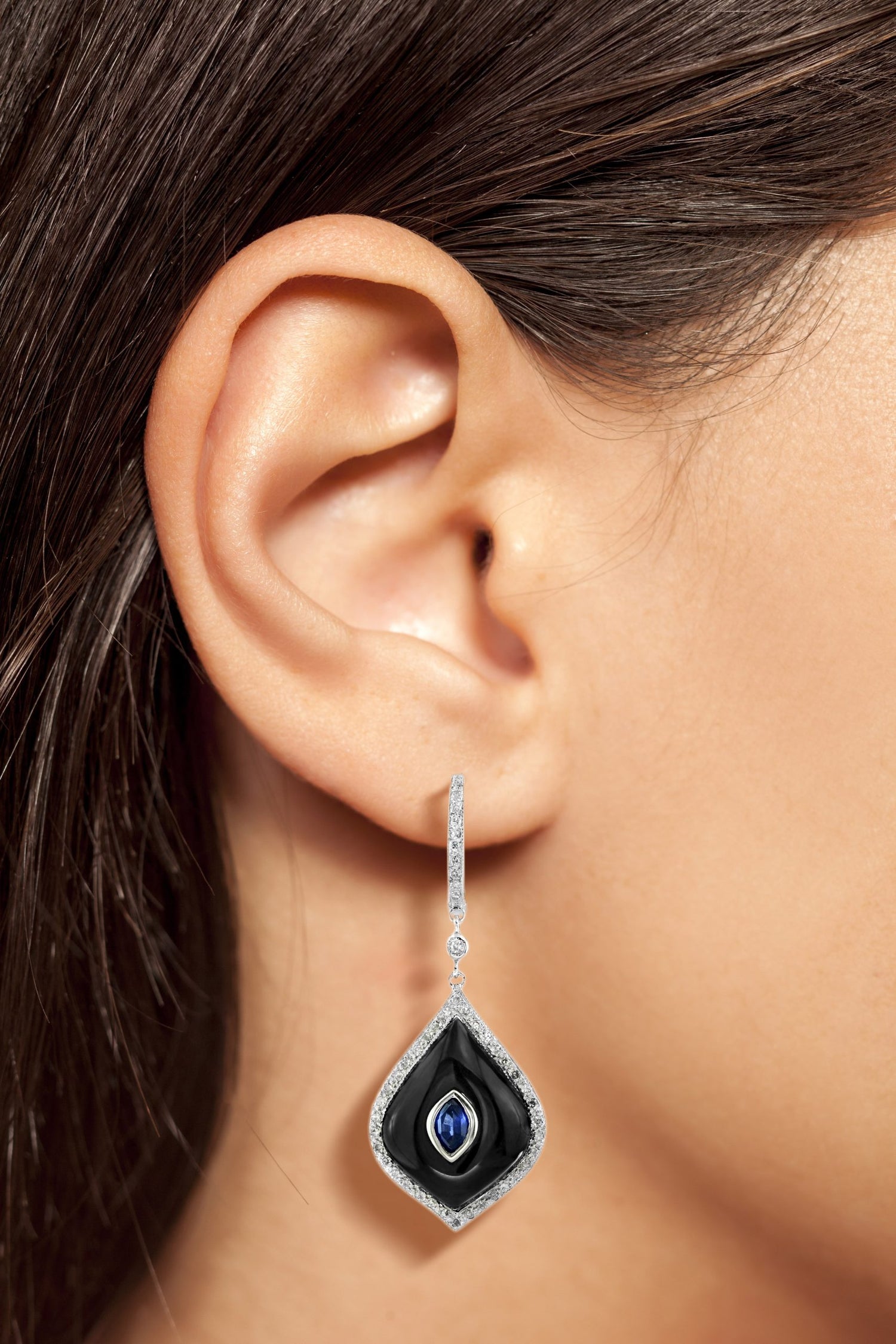 Blue Sapphire Black Onyx Diamond Marquise Shape 14K White Gold Dangle Earrings