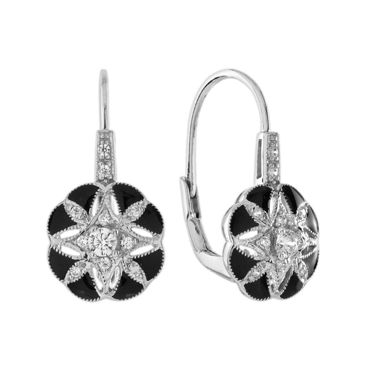 Diamond & Black Enamel Art Deco Style Floral Flower White Gold Drop Earrings