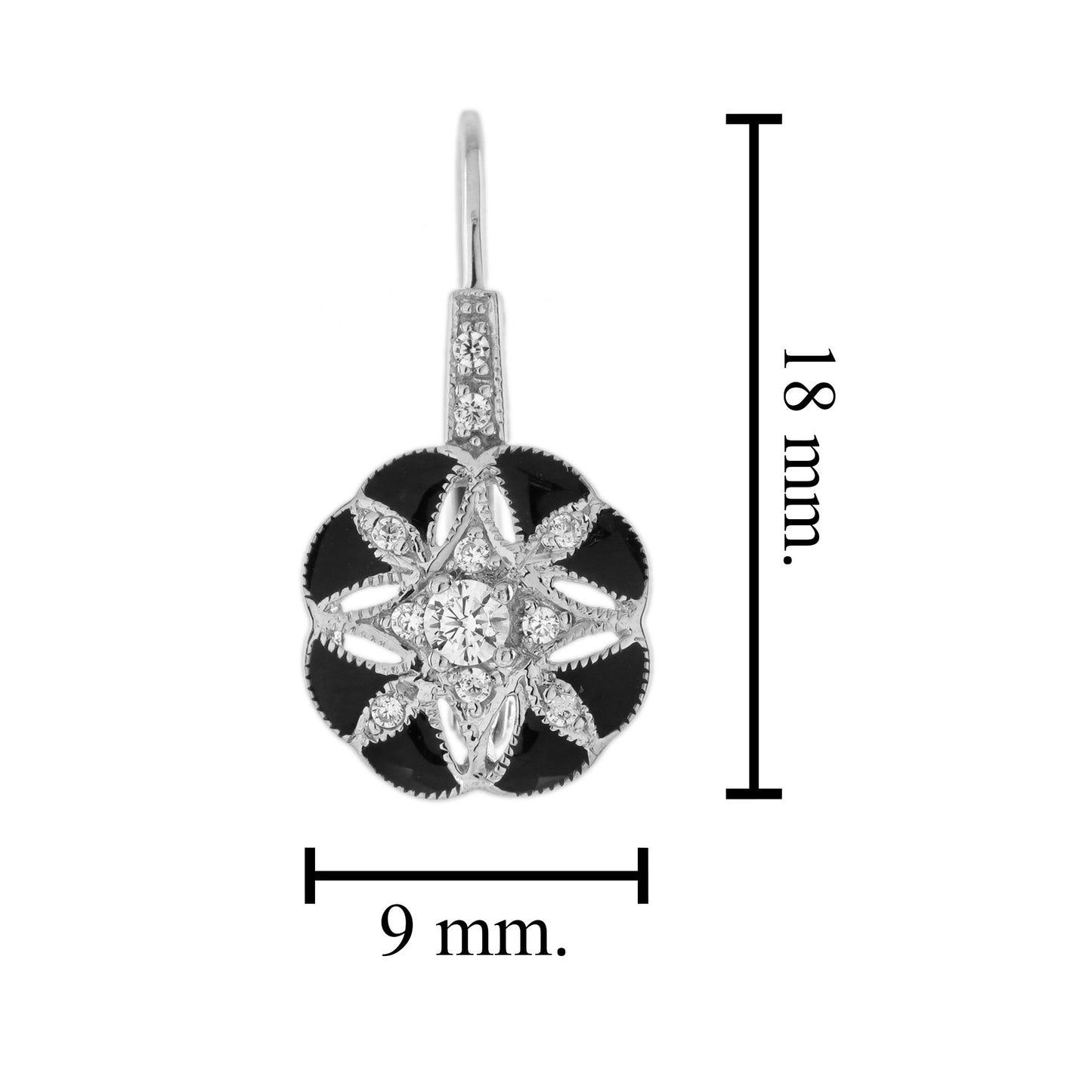 diamond & black enamel art deco style floral flower white gold drop earrings