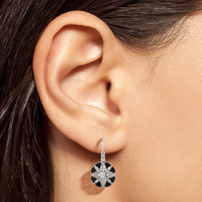 Diamond Black Enamel Art Deco Style Floral Halo Earring Ring & Pendant Set