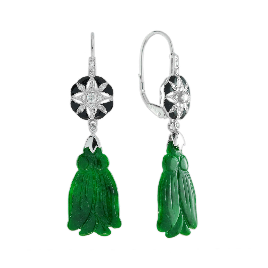 Tassel Carved Jade Diamond Enamel Vintage Style 9K White Gold Earrings