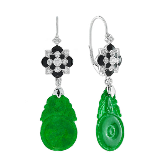 Orange Fruit Carved Jade Diamond Enamel Vintage Style 9K White Gold Earrings