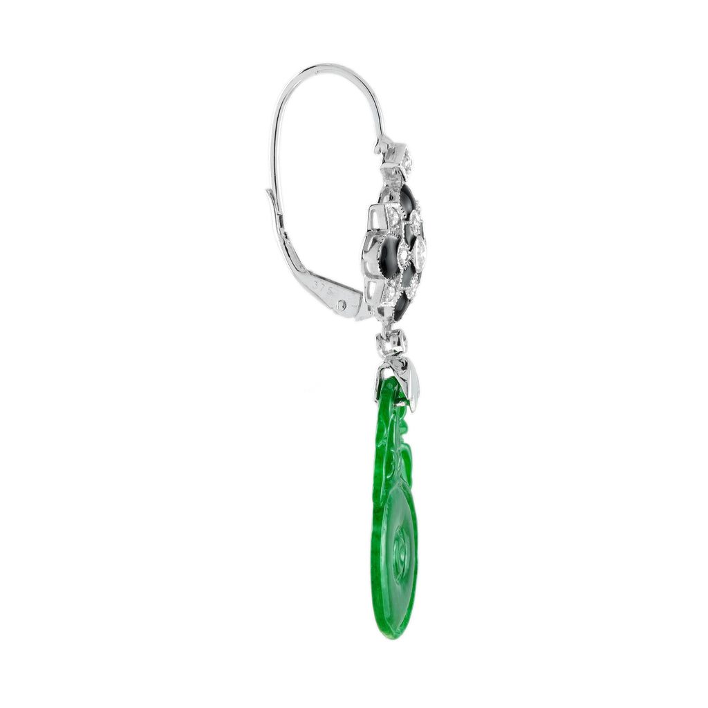 Orange Fruit Carved Jade Diamond Enamel Vintage Style 9K White Gold Earrings