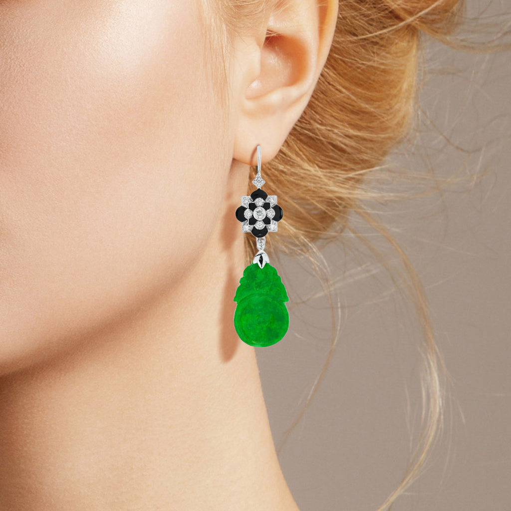 Orange Fruit Carved Jade Diamond Enamel Vintage Style 9K White Gold Earrings