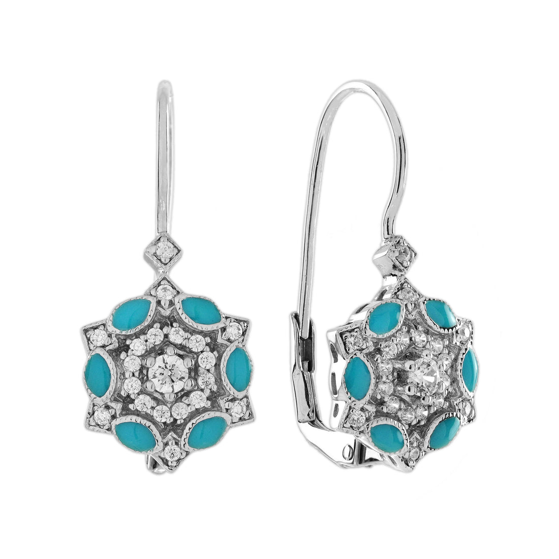 Diamond & Black Enamel Art Deco Style Floral Flower 14K White Gold Drop Earrings