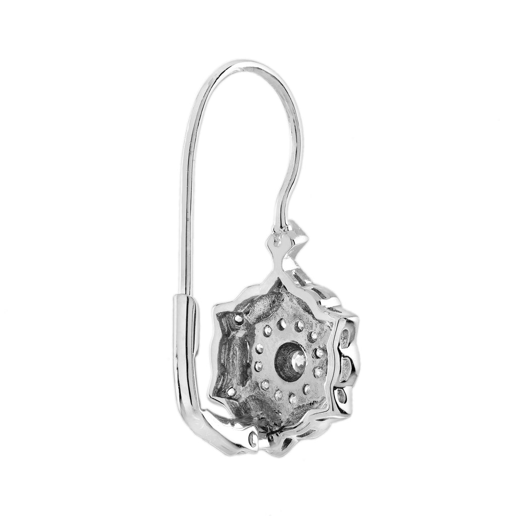 Diamond & Black Enamel Art Deco Style Floral Flower 14K White Gold Drop Earrings