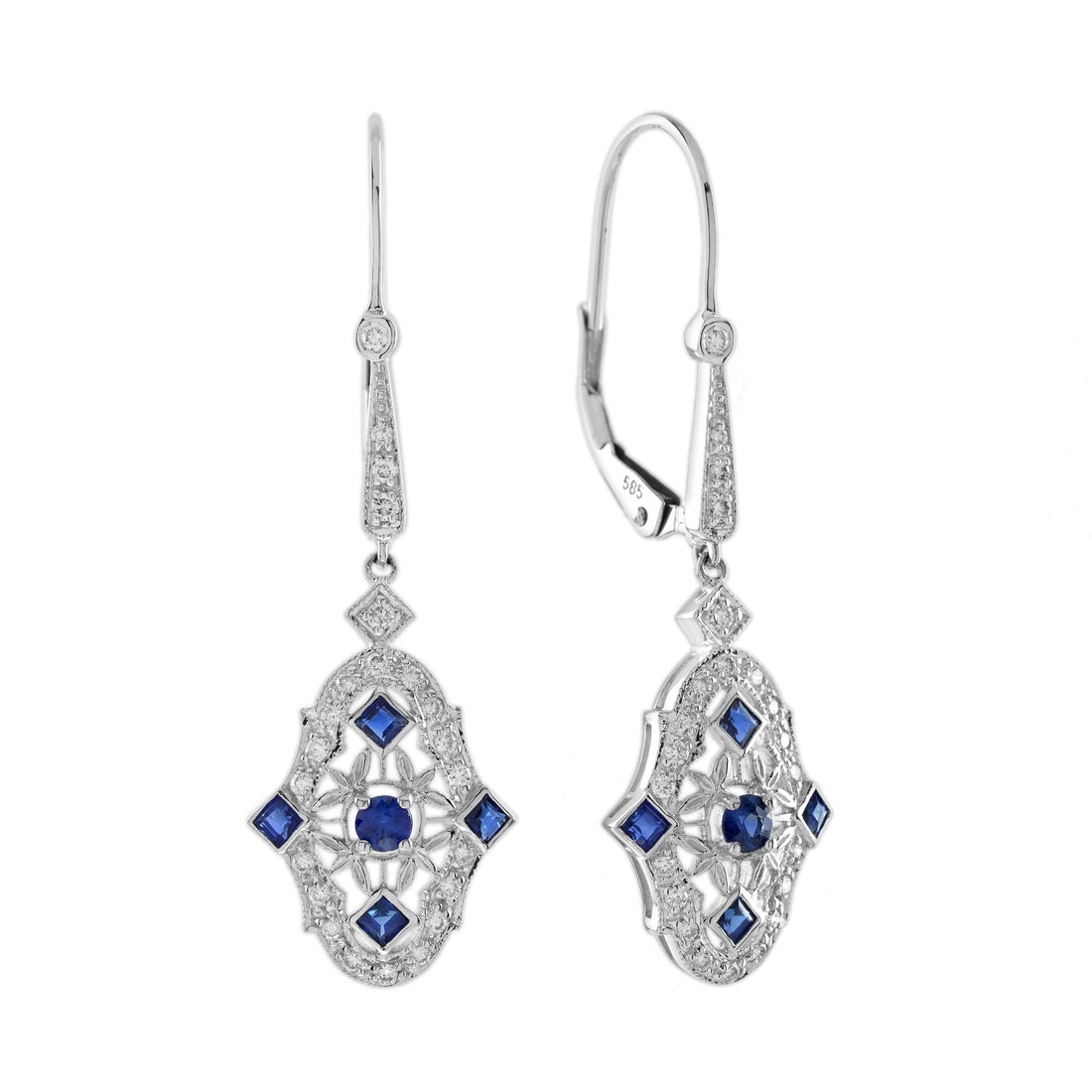 Blue Sapphire & Diamond Vintage Inspired Art Deco Style Drop White Gold Earrings