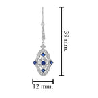 Blue Sapphire & Diamond Vintage Inspired Art Deco Style Drop White Gold Earrings