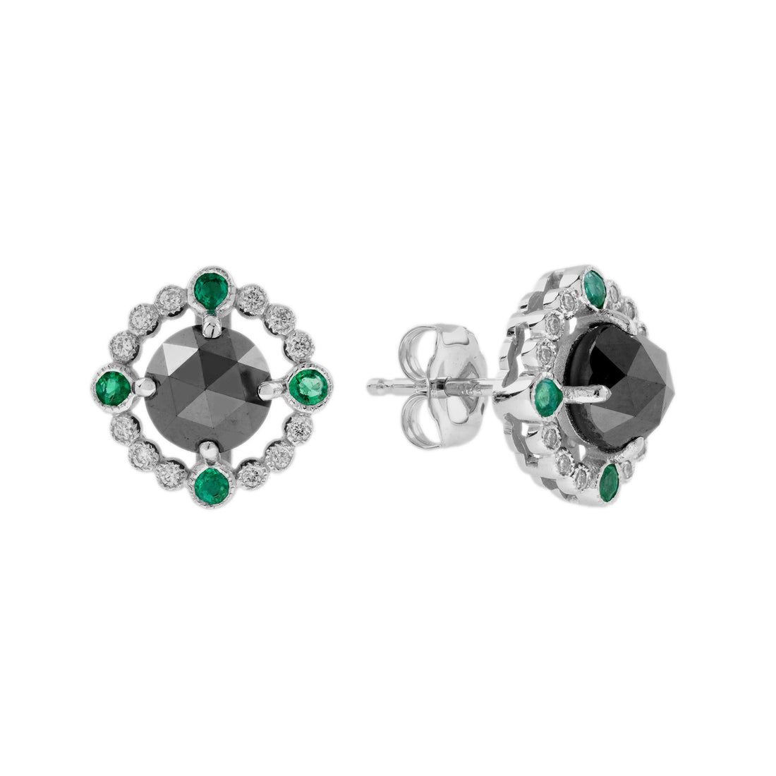 Round Black Diamond Emerald Art Deco Inspired Stud 14K White Gold Earrings