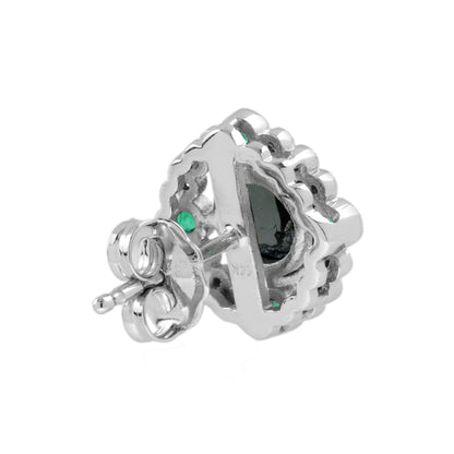 Round Black Diamond Emerald Art Deco Inspired Stud 14K White Gold Earrings