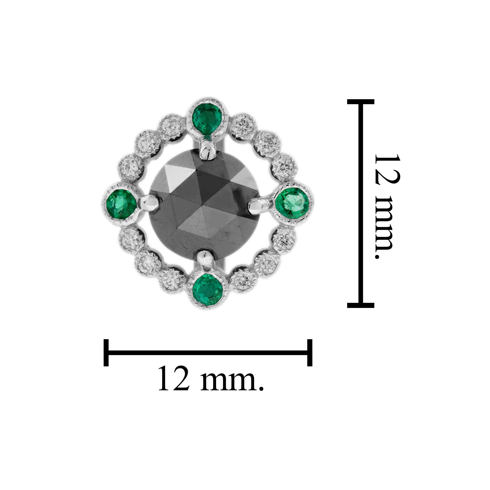 Round Black Diamond Emerald Art Deco Inspired Stud 14K White Gold Earrings
