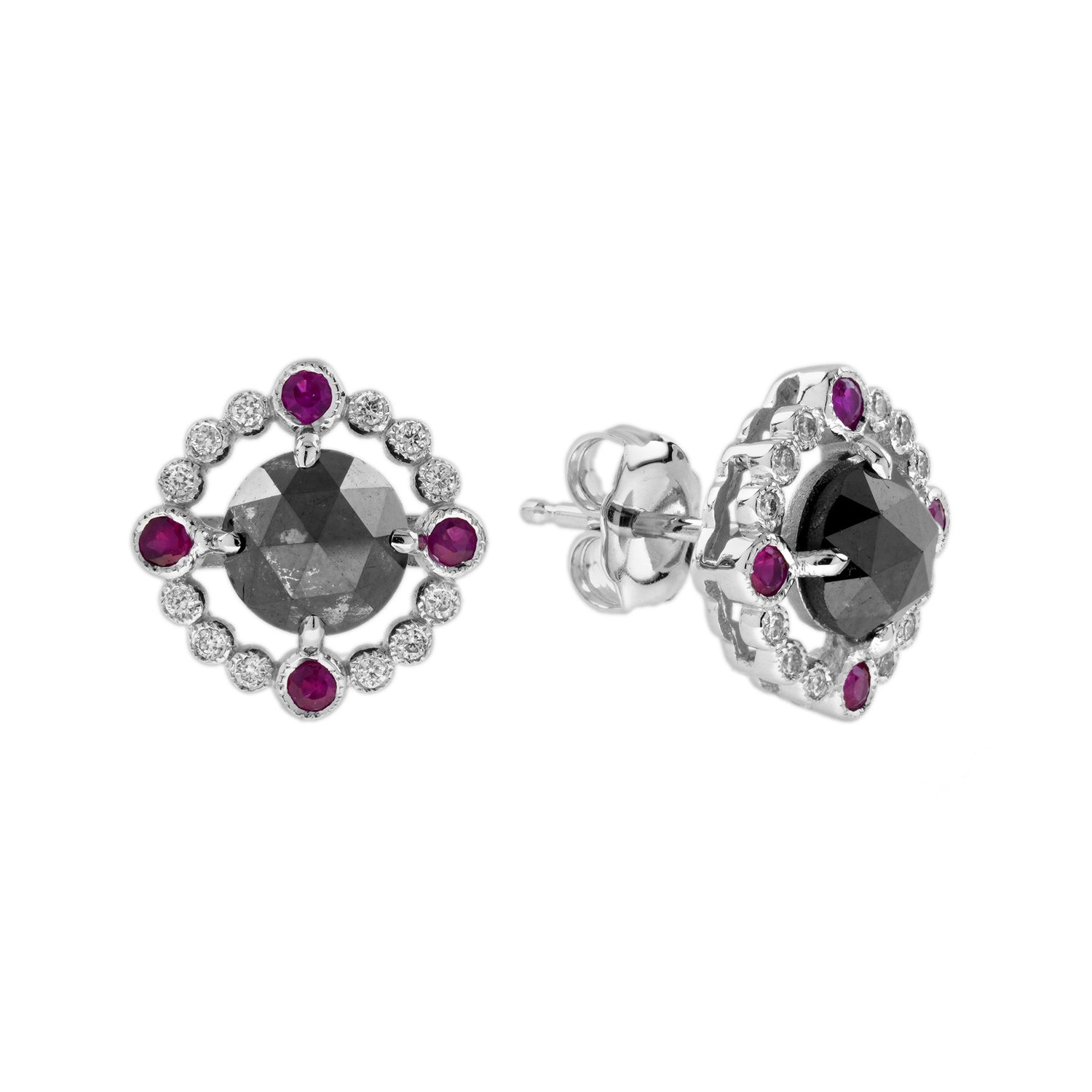 Round Black Diamond Red Ruby Art Deco Inspired Stud 14K White Gold Earrings
