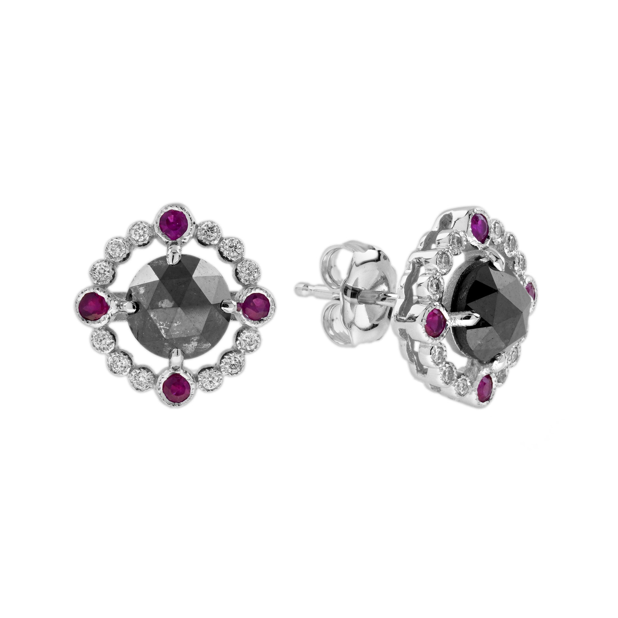Round Black Diamond Red Ruby Art Deco Inspired Stud 14K White Gold Earrings
