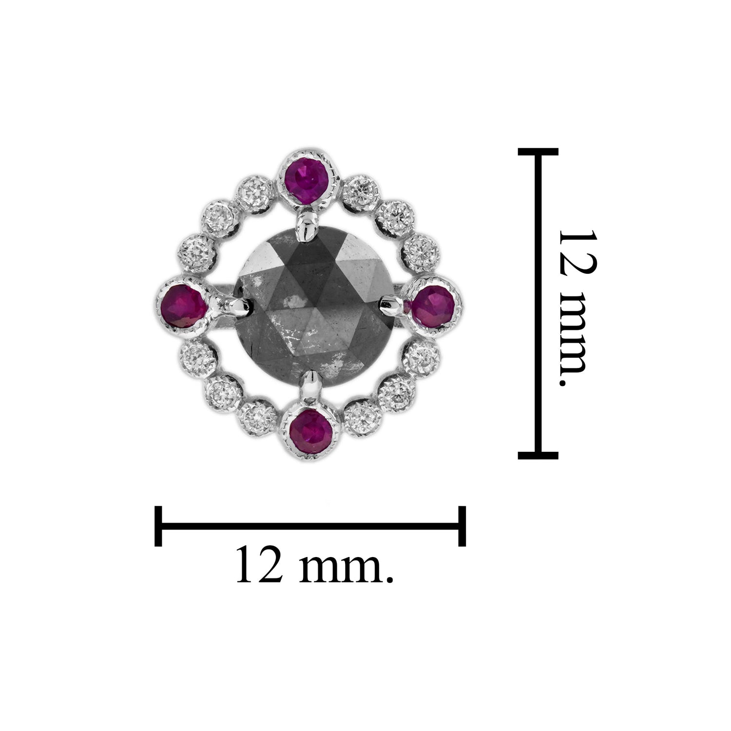 Round Black Diamond Red Ruby Art Deco Inspired Stud 14K White Gold Earrings