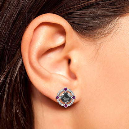 Round Black Diamond Red Ruby Art Deco Inspired Stud 14K White Gold Earrings
