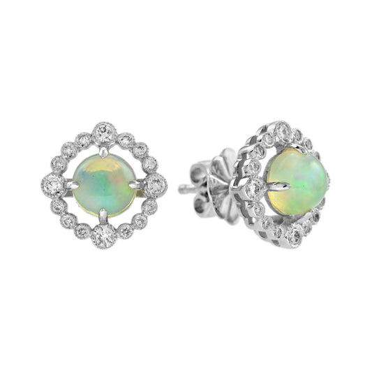 Opal & Diamond Art Deco Style Stud 14K White Gold Earrings