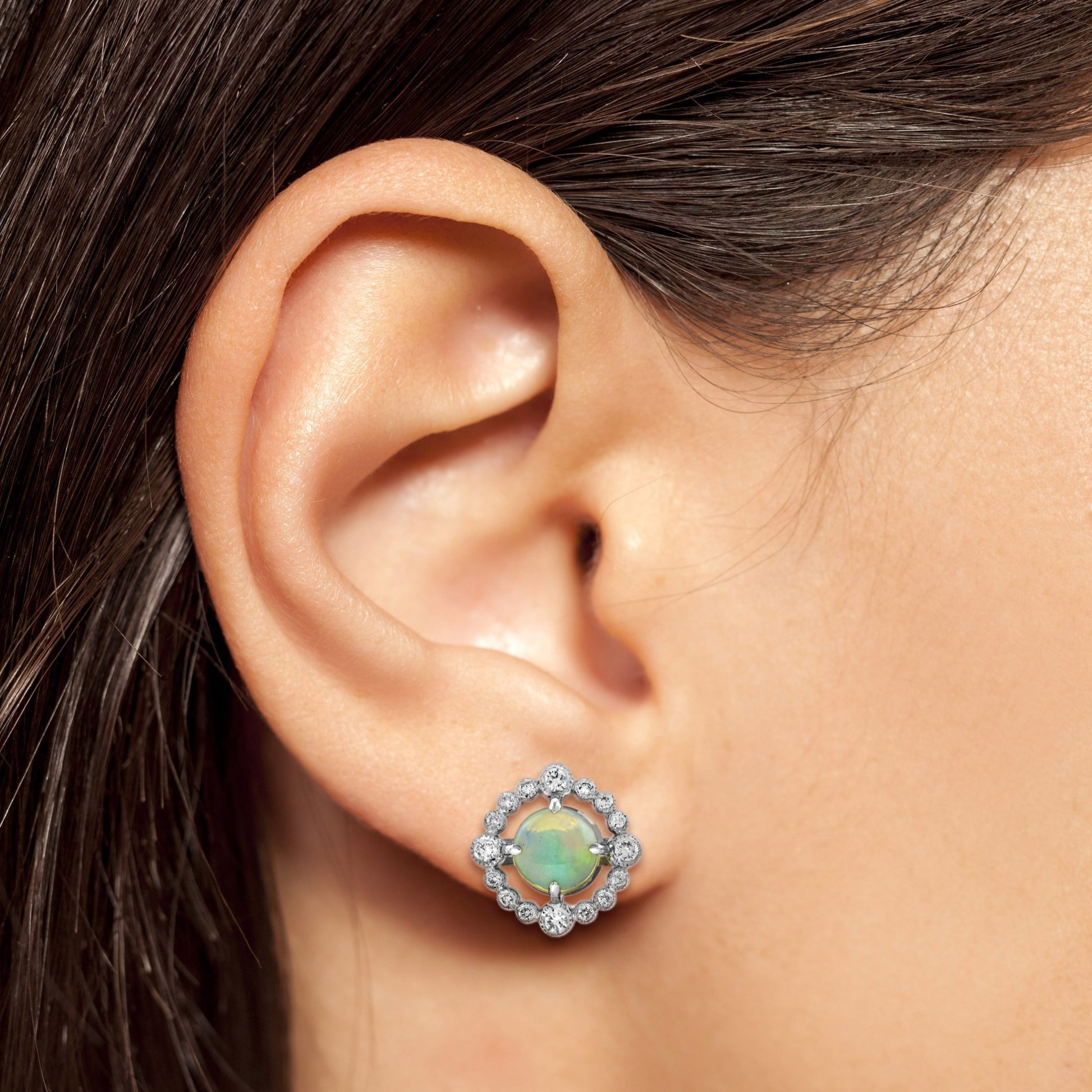 Opal & Diamond Art Deco Style Stud 14K White Gold Earrings