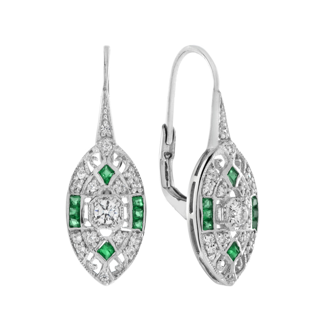 Round Diamond & French Cut Green Emerald Art Deco Style 14K White Gold Earrings