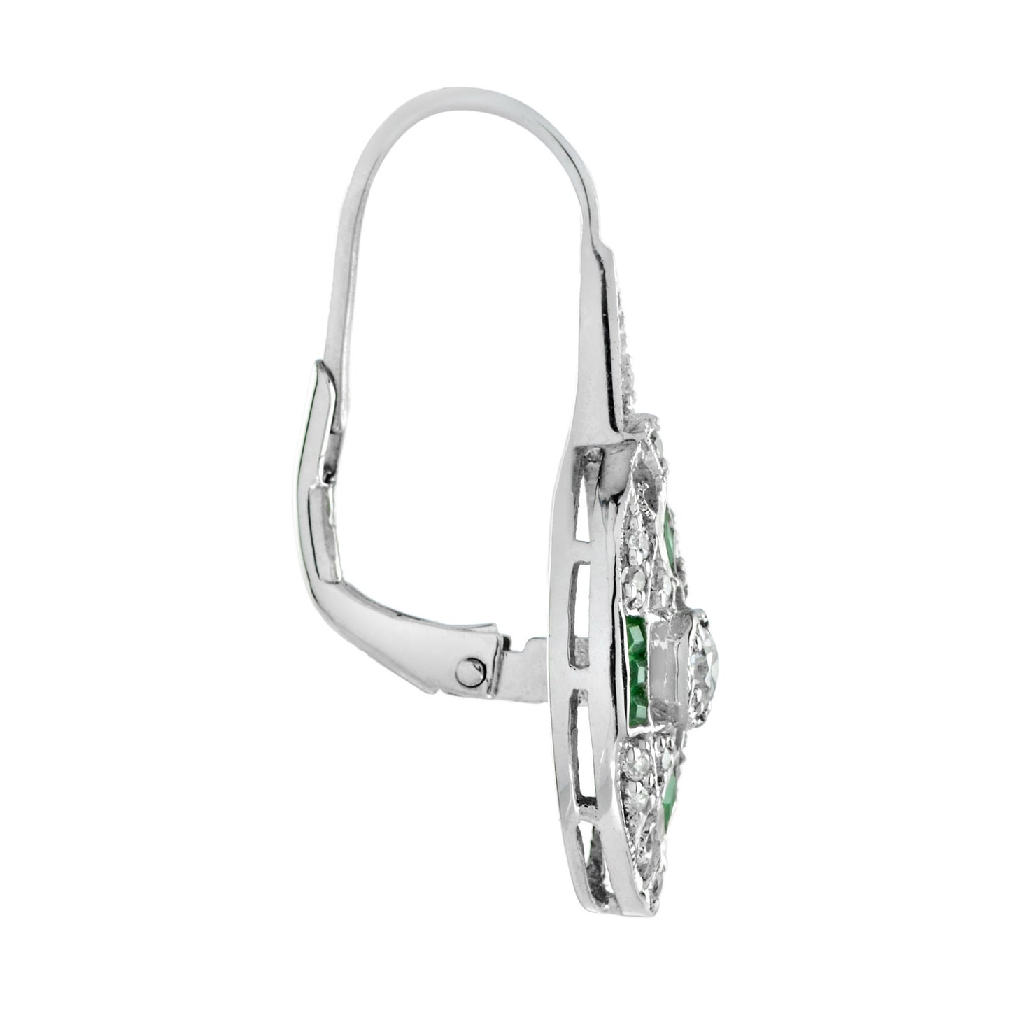 round diamond & french cut green emerald art deco style 14k white gold earrings