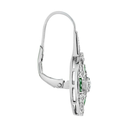 Round Diamond & French Cut Green Emerald Art Deco Style 14K White Gold Earrings