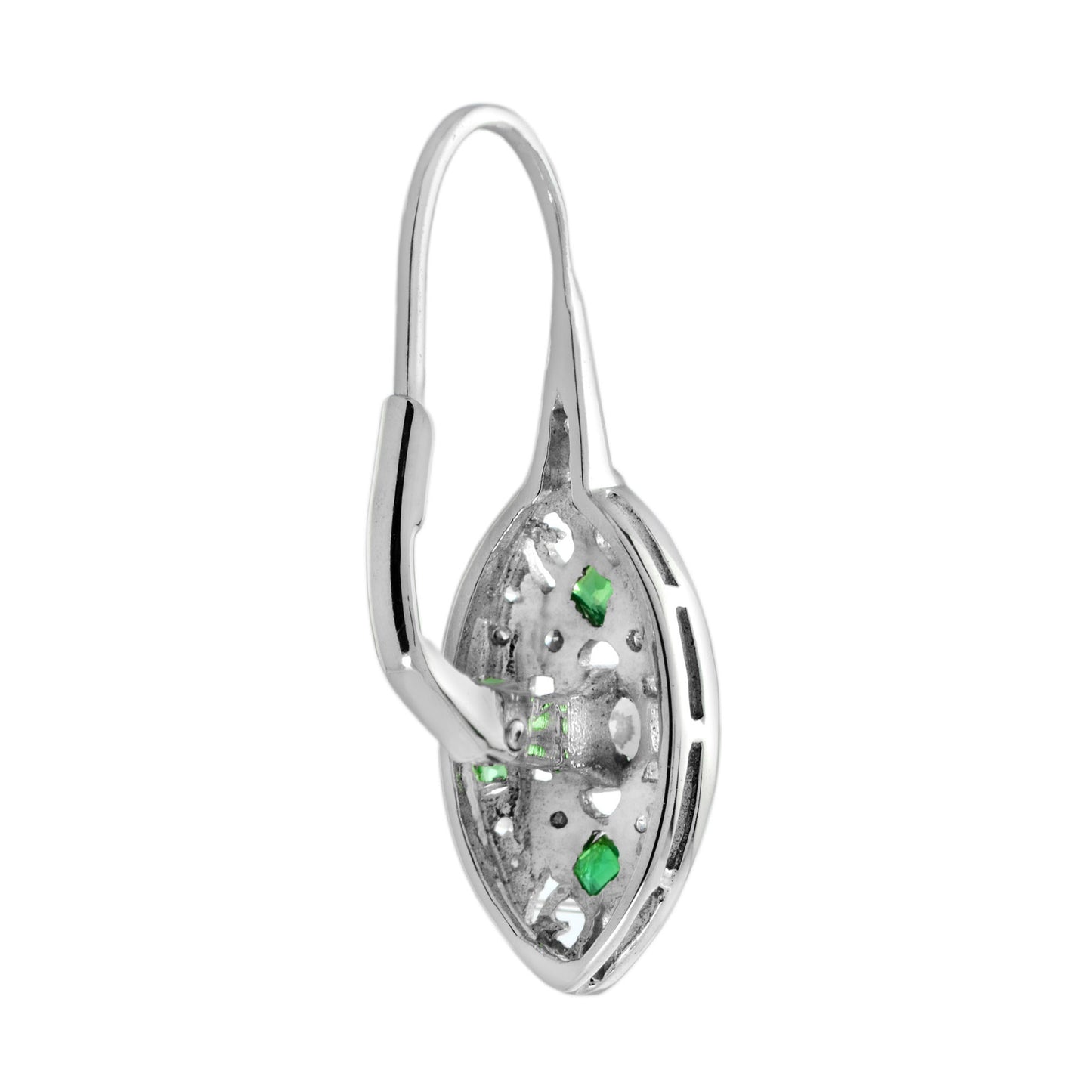 round diamond & french cut green emerald art deco style 14k white gold earrings