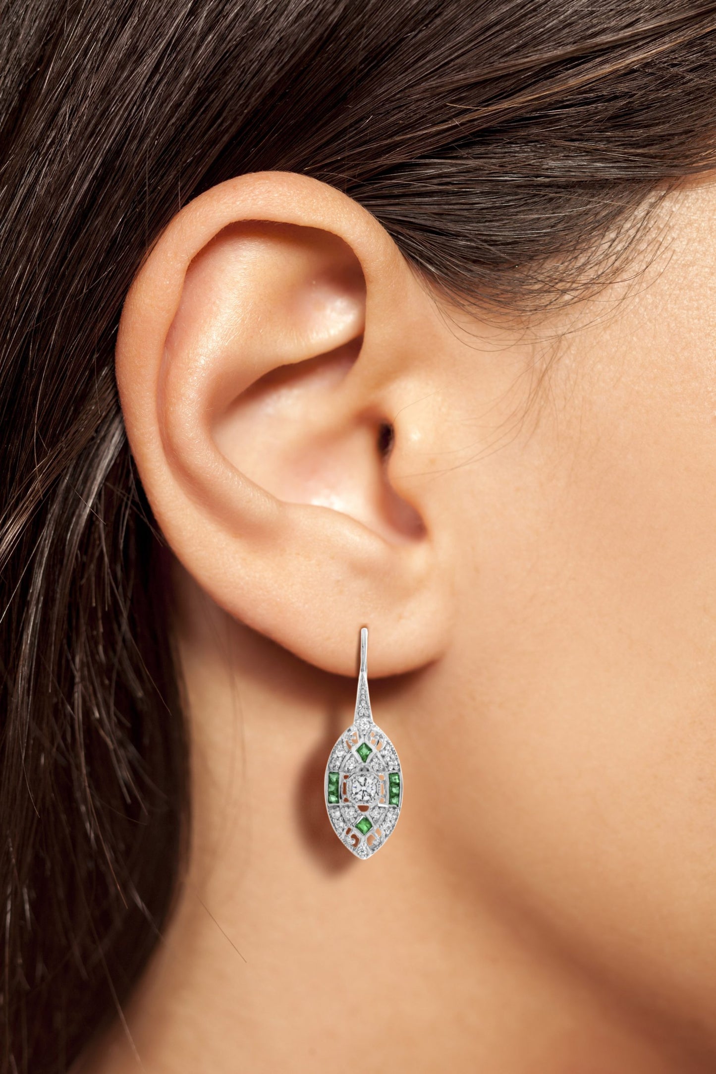 round diamond & french cut green emerald art deco style 14k white gold earrings