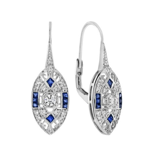 Round Diamond & French Cut Blue Sapphire Art Deco Style 14K White Gold Earrings
