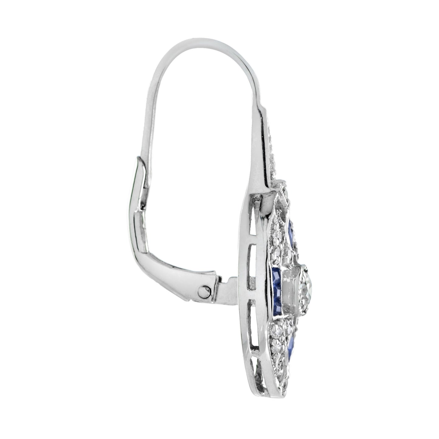round diamond & french cut blue sapphire art deco style 14k white gold earrings