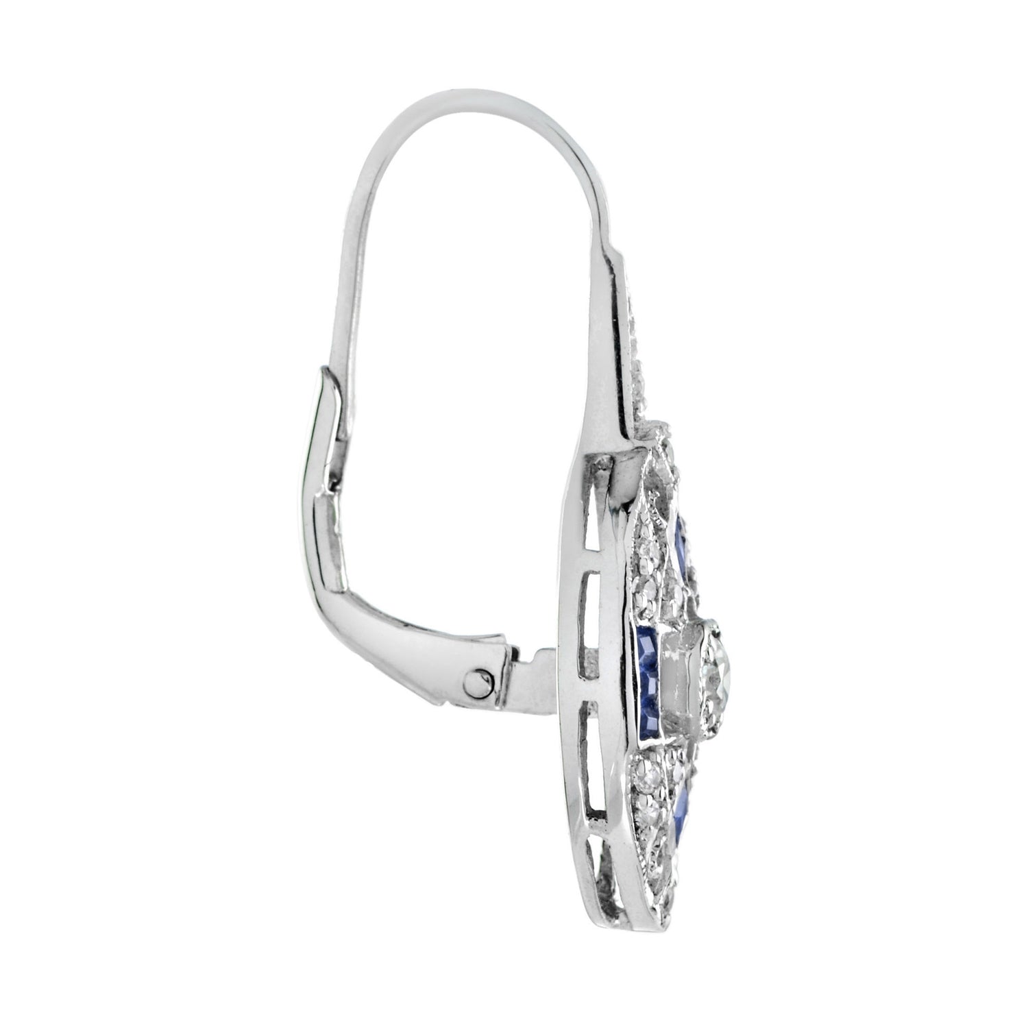 Round Diamond &amp; French Cut Blue Sapphire Art Deco Style 14K White Gold Earrings
